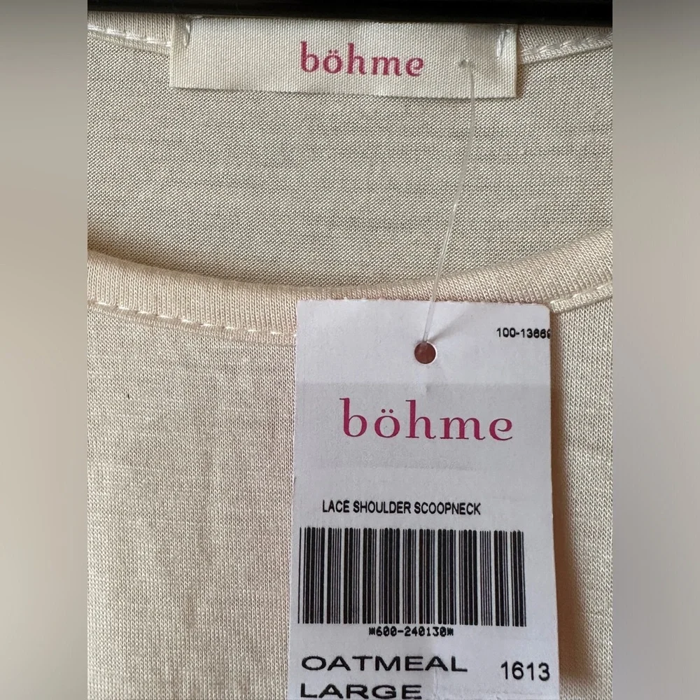 Böhme•lace shoulder crew neck top•size large•3/4 bell sleeve•rayon•ivory/cream - Picture 3 of 13